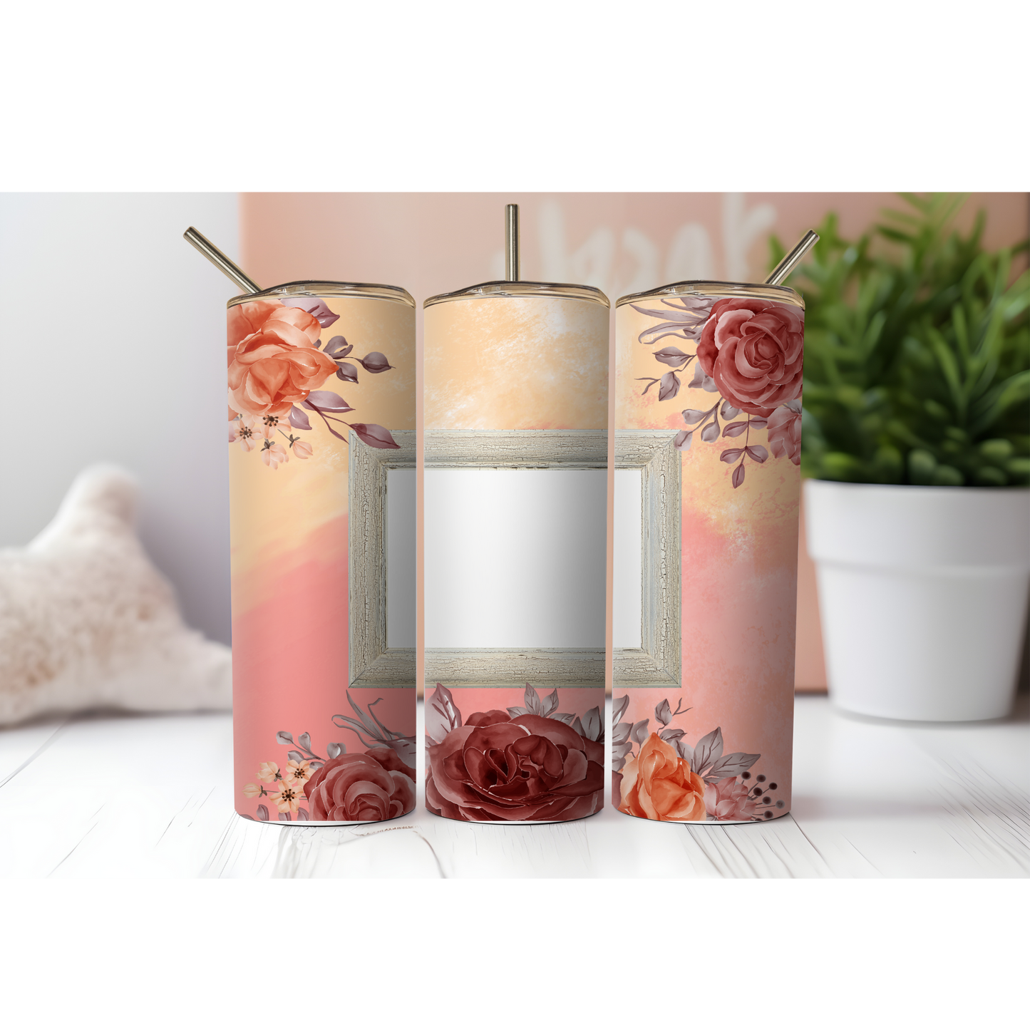 Pink Flower Watercolor Photo Tumbler