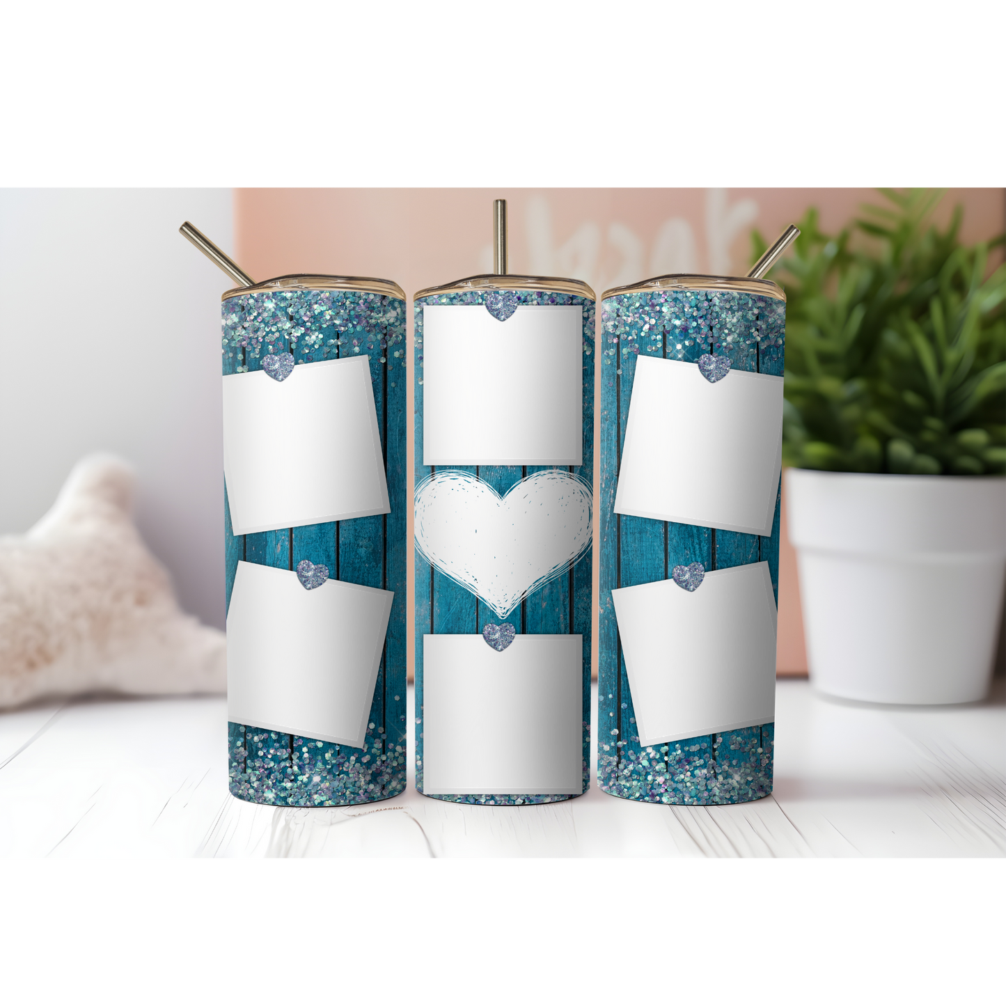 Blue Glitter Wood Style Family Photo Tumbler