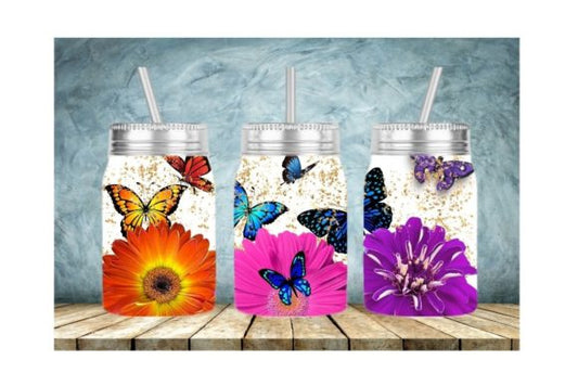 Butterflies Floral Mason Jar Tumbler